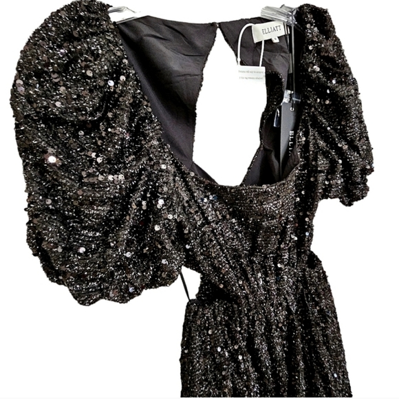Elliatt Aubree Black Sequined Square Neck Knit Puffed Sleeve Cut Out Midi Dress - Picture 6 of 17